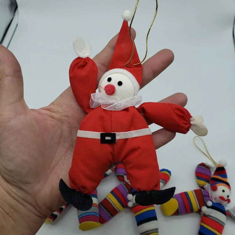 Vintage Cotton Stuffed Santa Christmas Ornament with 3 Elf Clown‎ Ornaments